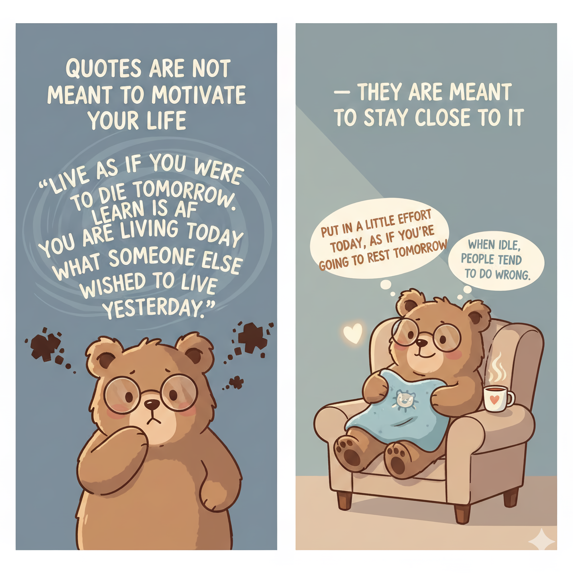 A cute brown cartoon bear with glasses thinking about how to deal with quotes