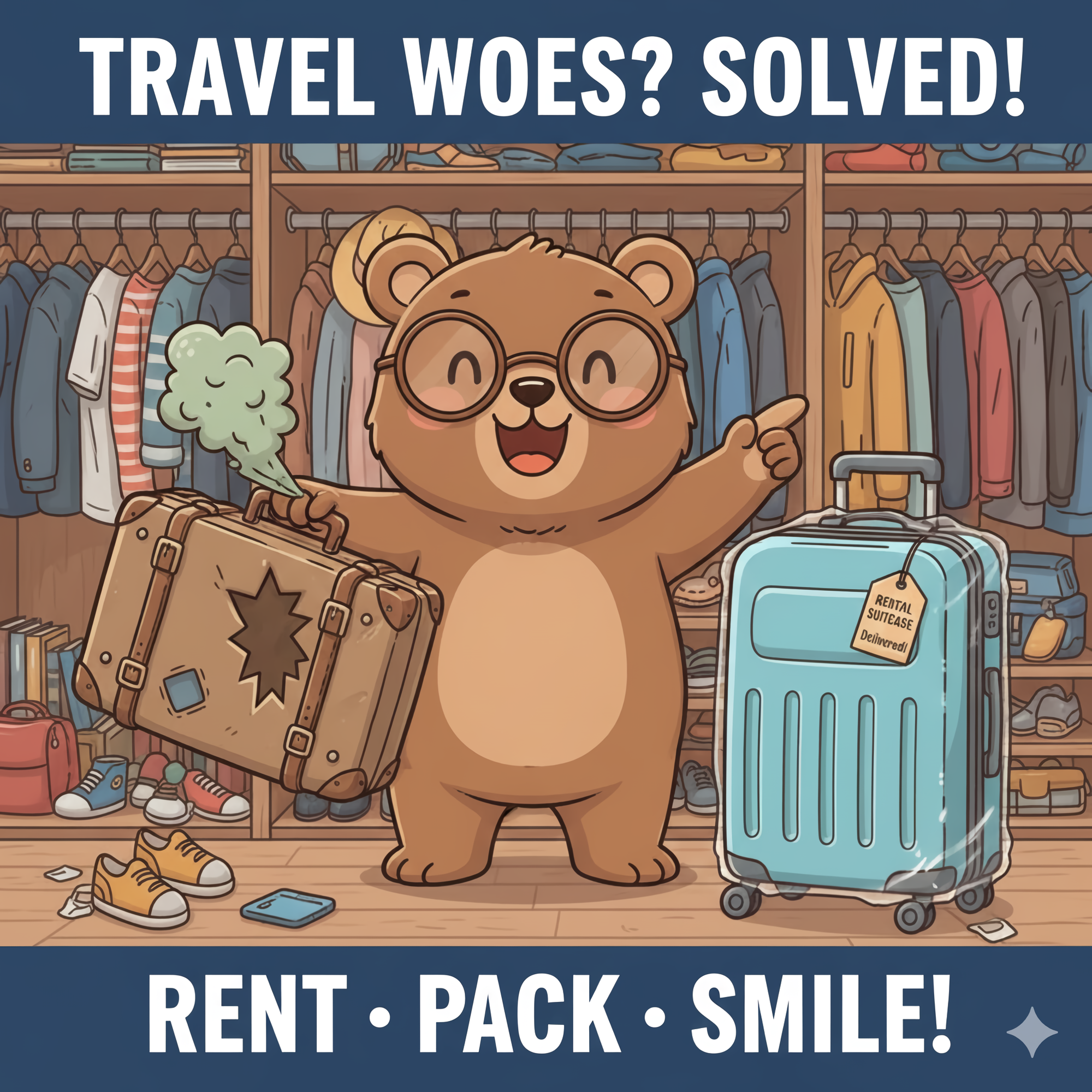 The suitcase he hadn't used in a while was in tatters, but the cute brown bear with glasses was happy to be able to rent one.