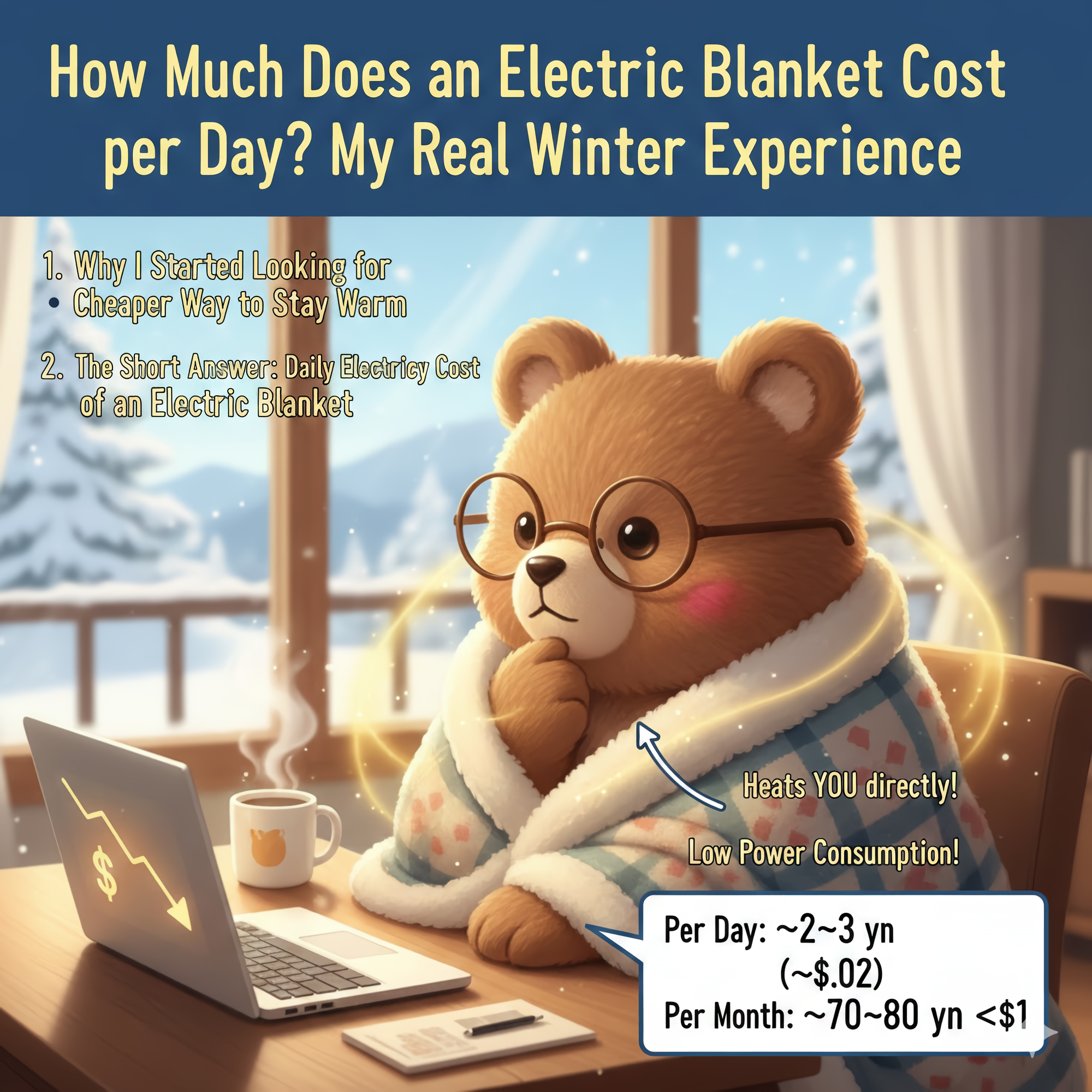 A cute brown cartoon bear who loves his electric blanket