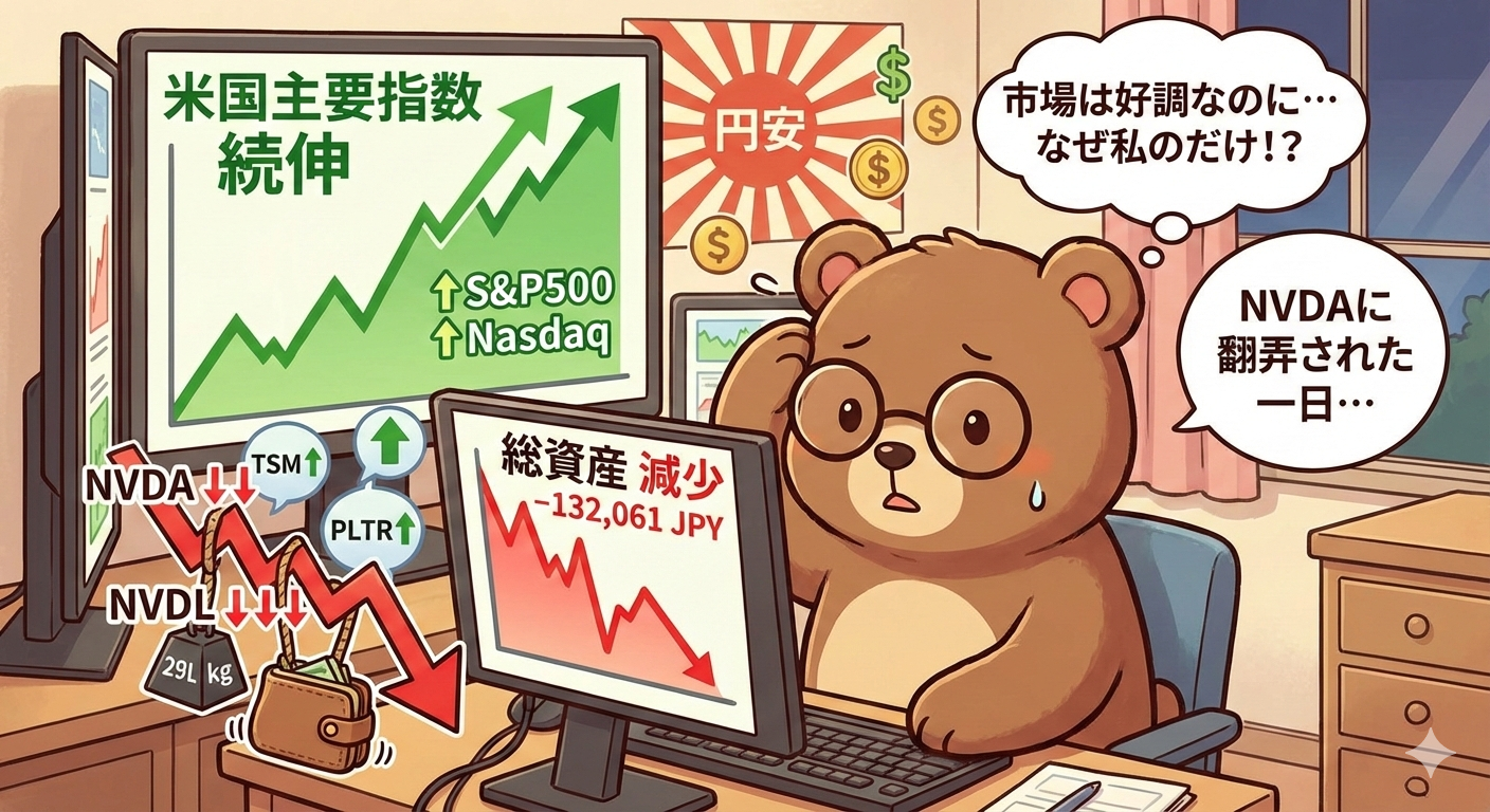 米主要指数は続伸もNVDA下落で資産減｜指数高でも負ける個別株集中投資の一日