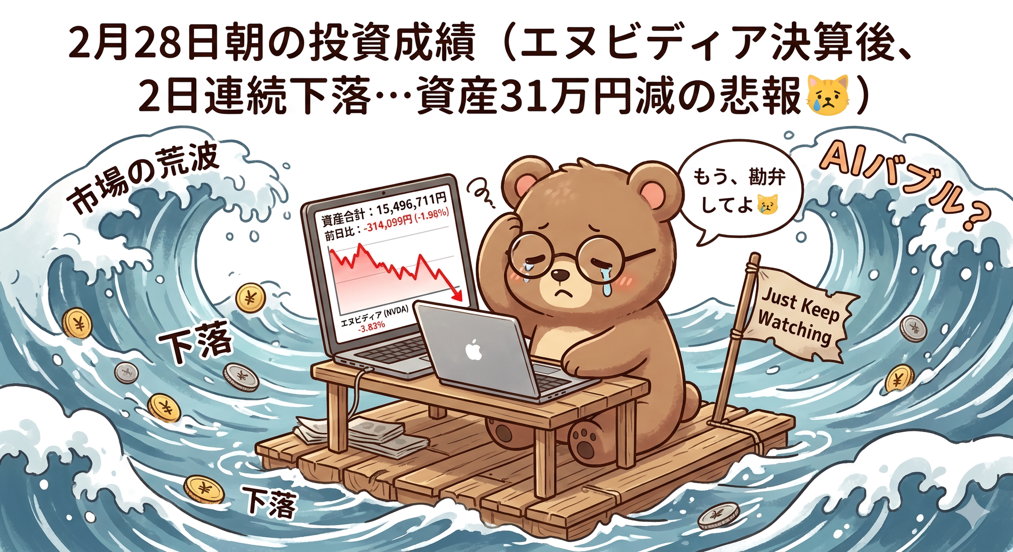 エヌビディア決算後2日連続下落&hellip;T-Kuma資産31万円減の投資日記（2026年2月28日朝）イメージ画像