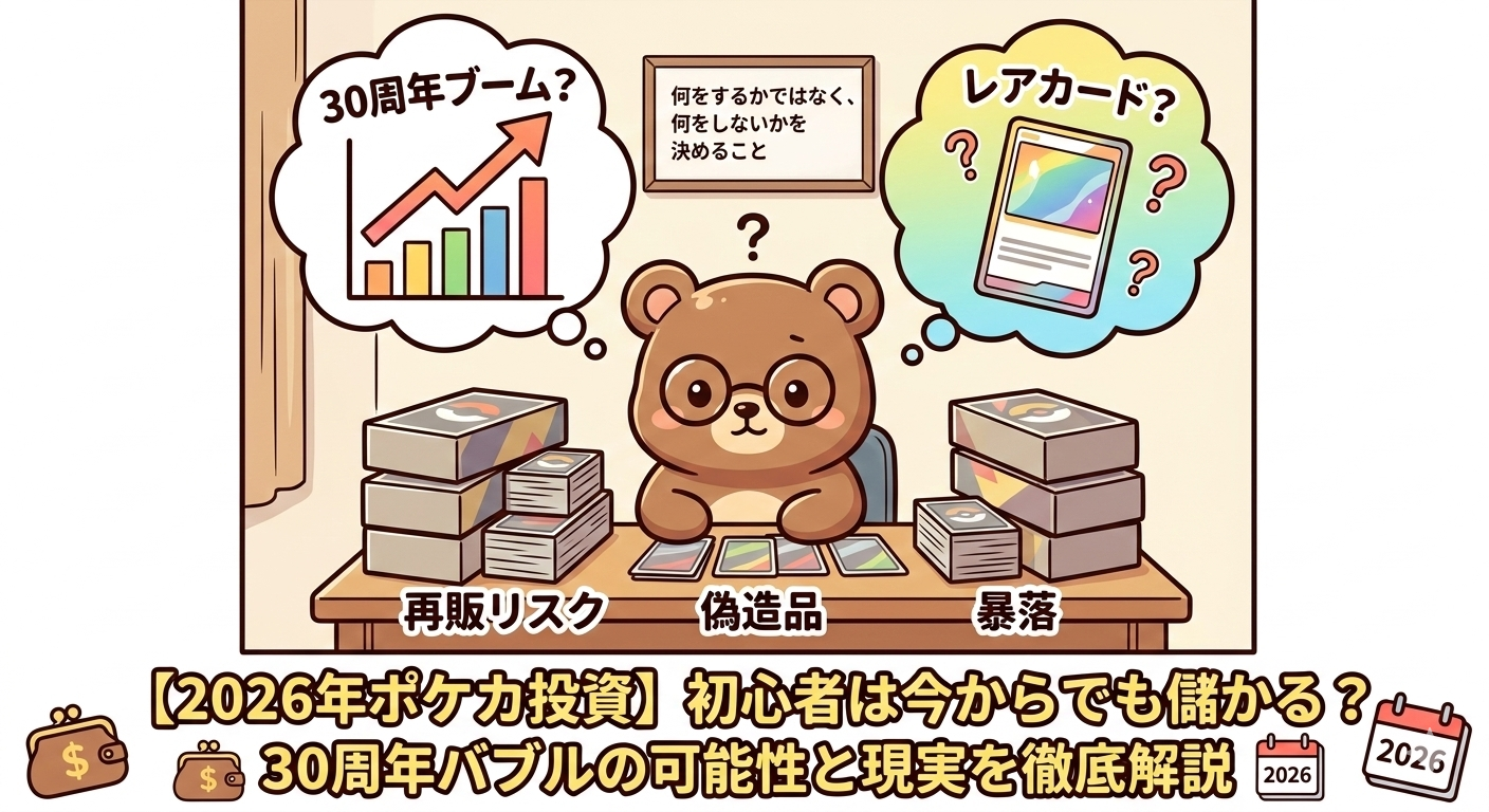 2026年ポケカ投資は初心者でも儲かる？30周年バブルの現実と未開封BOX投資をQ&amp;A解説記事イメージ画像
