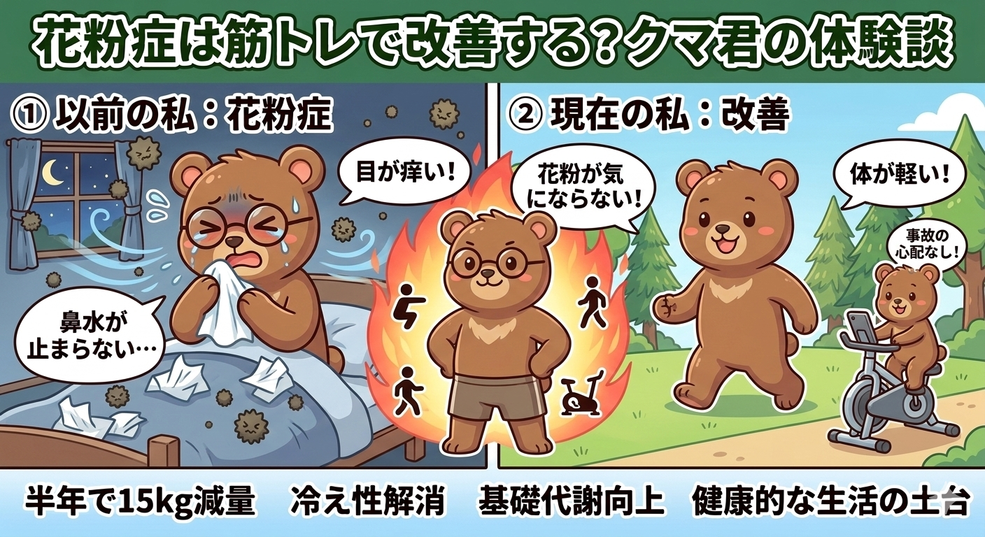 花粉症は筋トレで改善する？私の体験談｜半年で15kg減量・冷え性も改善した運動メニューT-Kumaブログイメージ画像