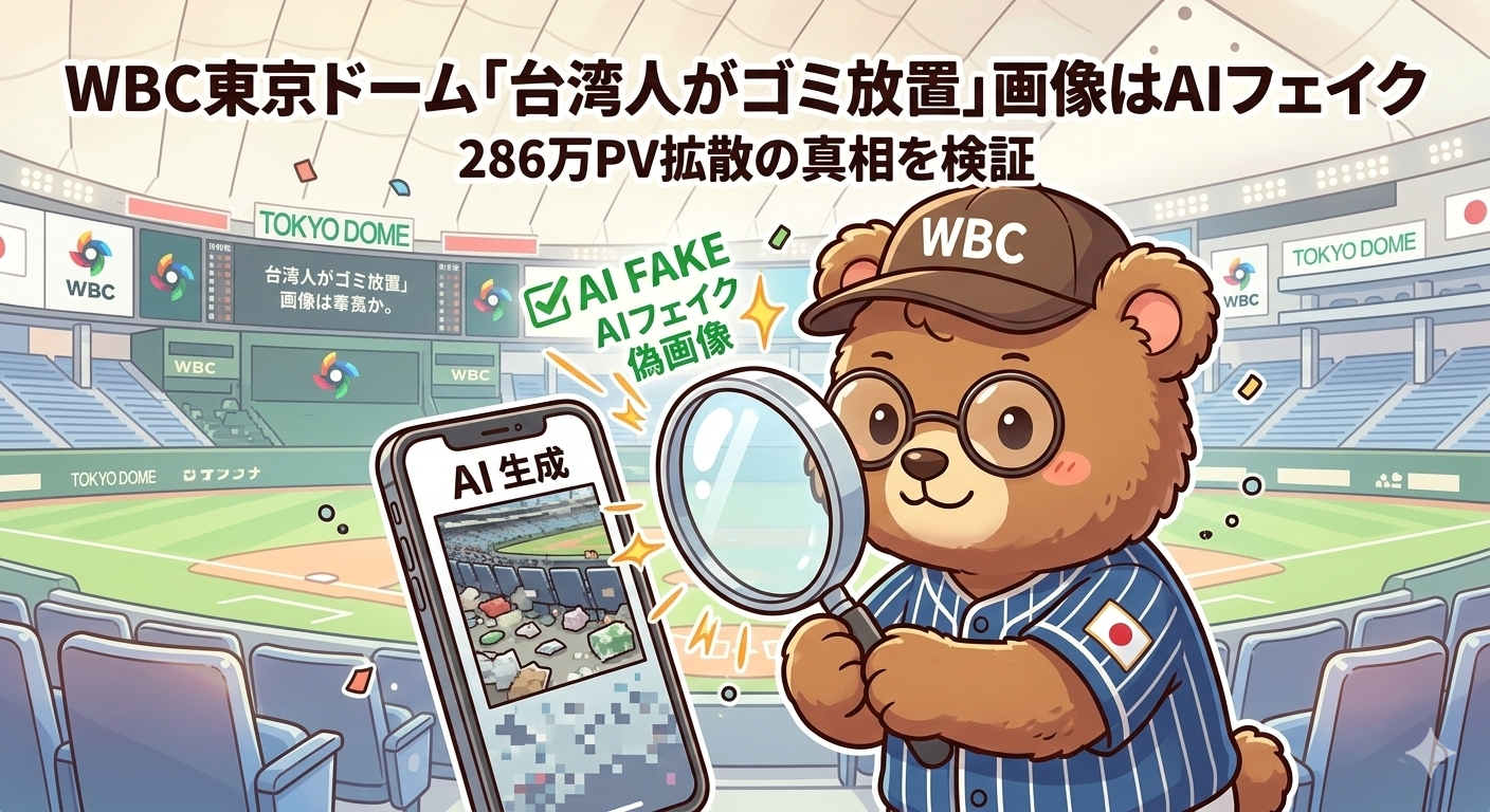 WBC東京ドーム「台湾人がゴミ放置」画像はAIフェイク｜286万PV拡散の真相を検証（T-Kumaブログイメージ画像）