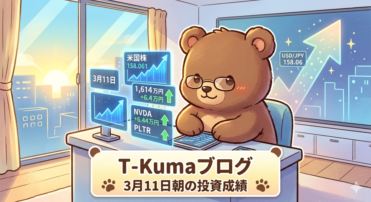 ​米国株投資成績公開（2026年3月11日）エヌビディア独歩高で資産1,600万円を維持（T-Kumaブログ記事イメージ画像）