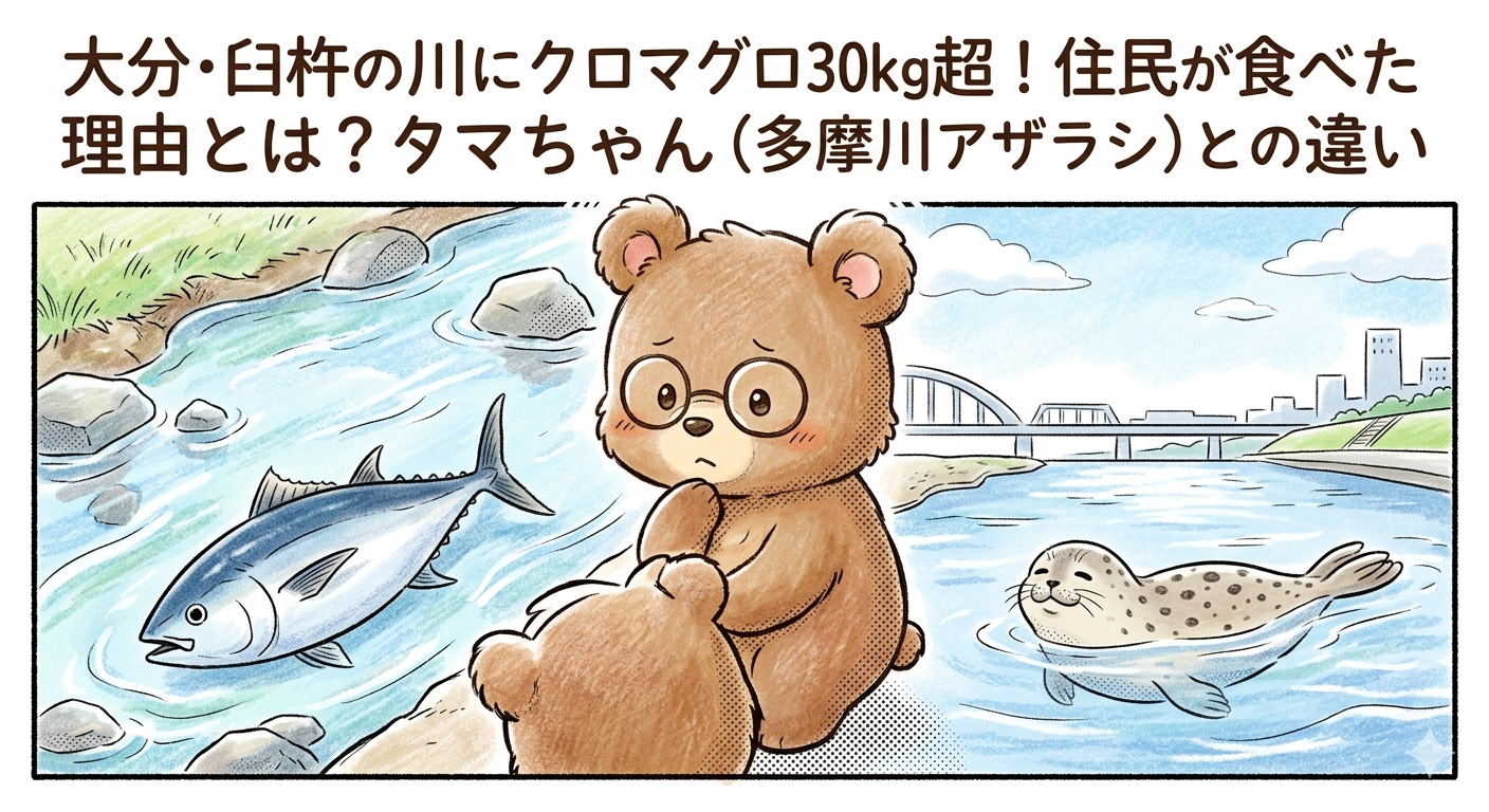 大分・臼杵の川にクロマグロ30kg超！住民が食べた理由とは？タマちゃん（多摩川アザラシ）との違い（T-Kumaブログイメージ画像）