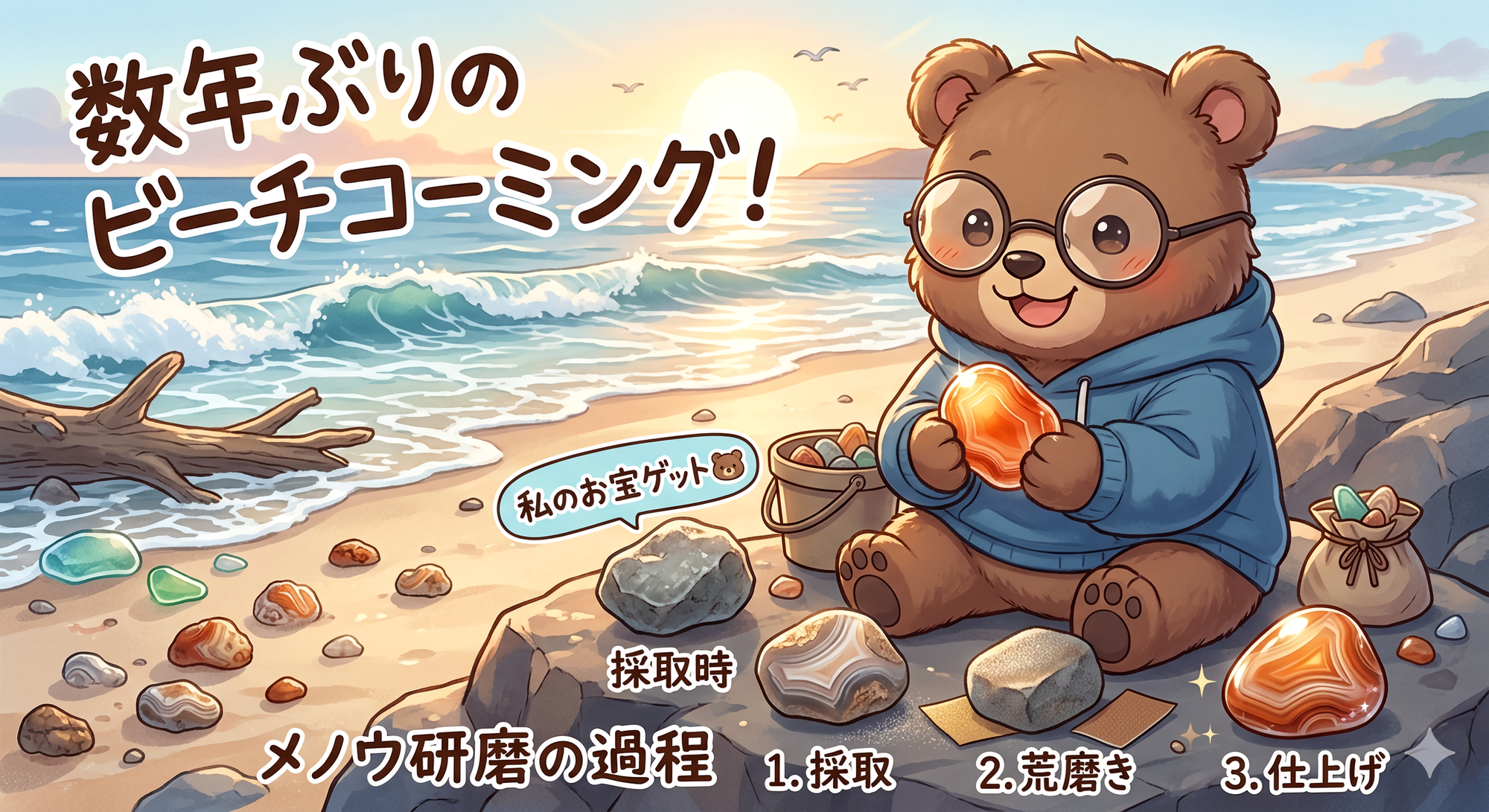 数年ぶりビーチコーミング｜自分で研磨したメノウ（瑪瑙）コレクションと道具・過程を公開（T-Kumaブログイメージ画像）