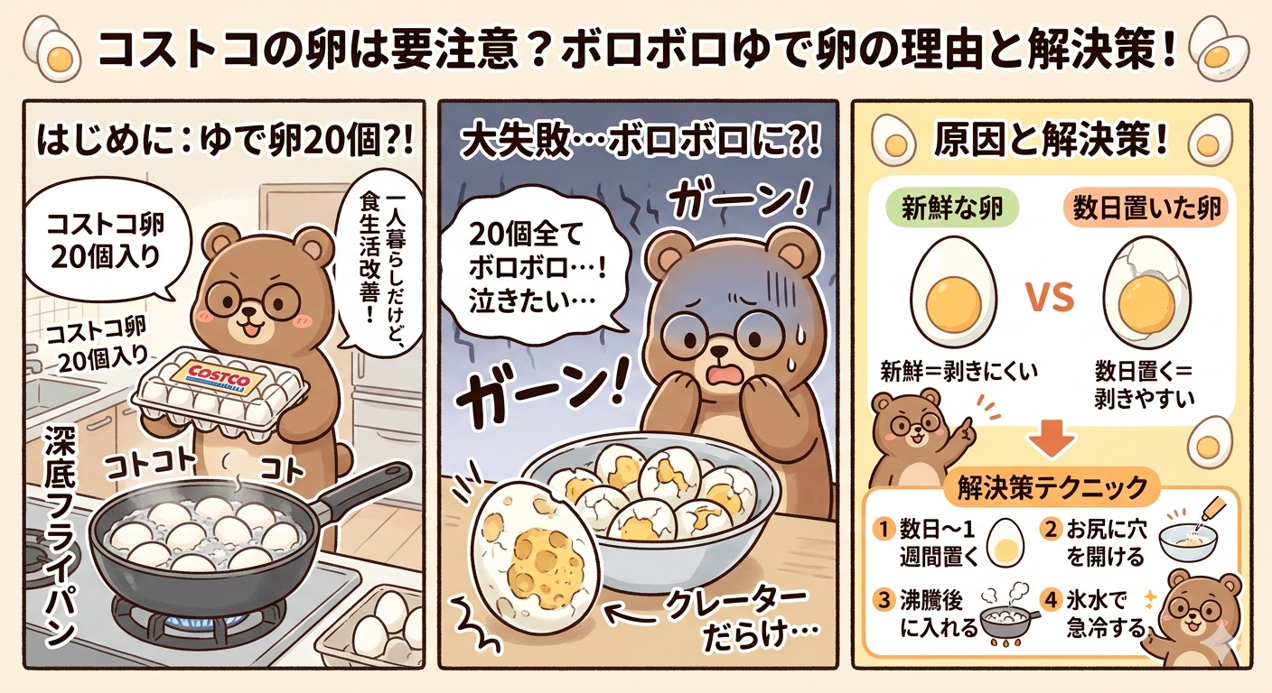 コストコの新鮮すぎる卵は要注意？ゆで卵20個をボロボロにした私が教える「剥きやすさの限界」と解決策（T-Kumaブログイメージ画像）