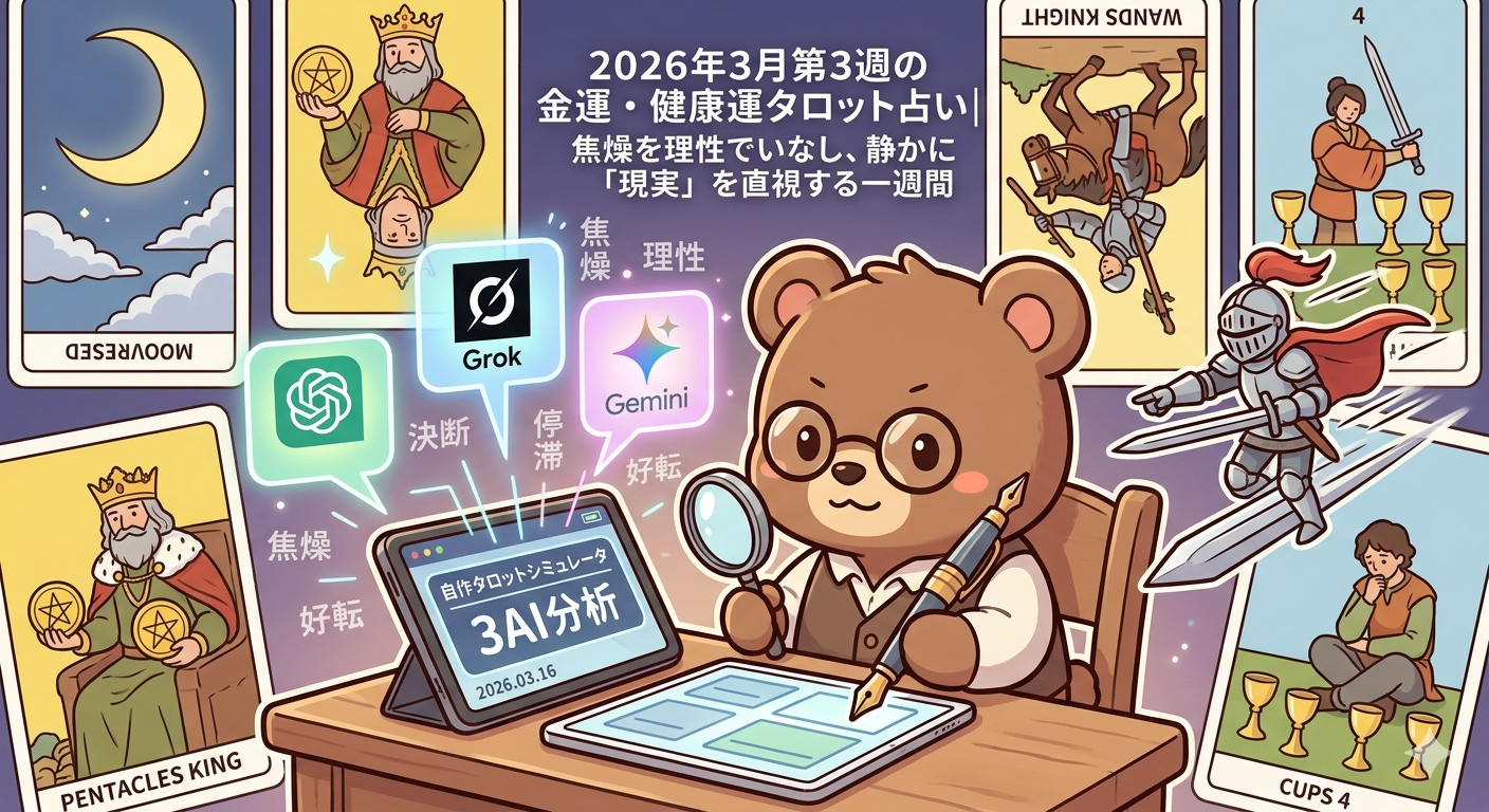 2026年3月第3週の金運・健康運タロット占い｜焦燥を理性でいなし、静かに「現実」を直視する一週間（T-Kumaブログイメージ画像）