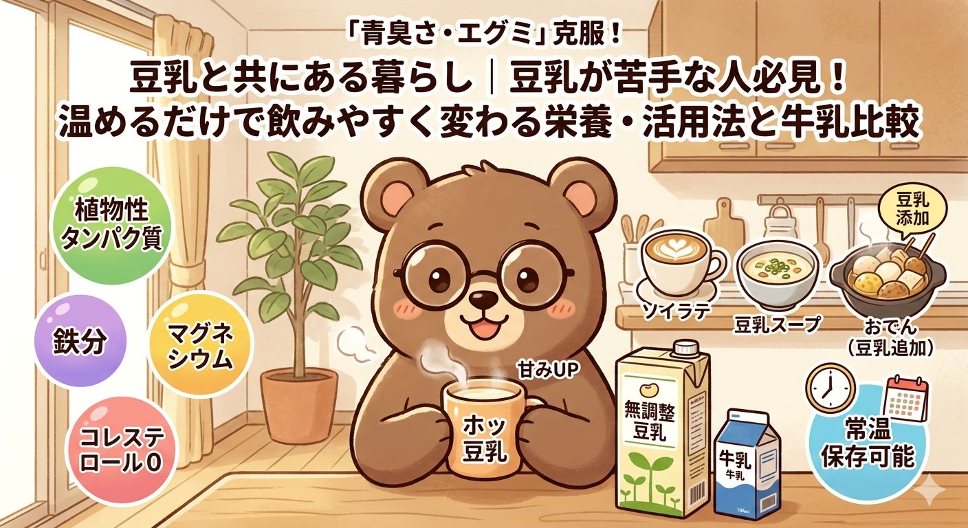 豆乳と共にある暮らし｜豆乳が苦手な人必見！温めるだけで飲みやすく変わる栄養・活用法と牛乳比較（T-Kumaブログイメージ画像）