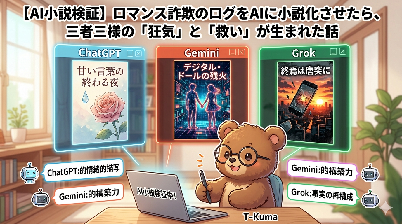 【AI小説検証】ロマンス詐欺のログをAIに小説化させたら、三者三様の「狂気」と「救い」が生まれた話（T-Kumaブログイメージ画像）