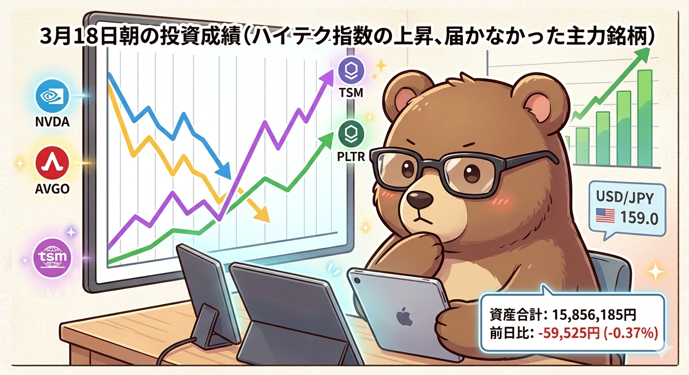 2026年3月18日朝の米国株投資成績：ナスダック続伸も主力NVDA調整で資産微減（T-Kumaブログイメージ画像）