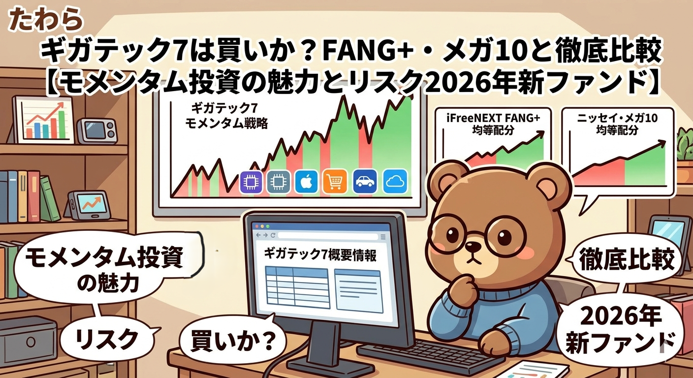 たわら ギガテック7は買いか？FANG+・メガ10比較 | モメンタム投資の評価【2026年新ファンド】T-Kumaブログイメージ画像