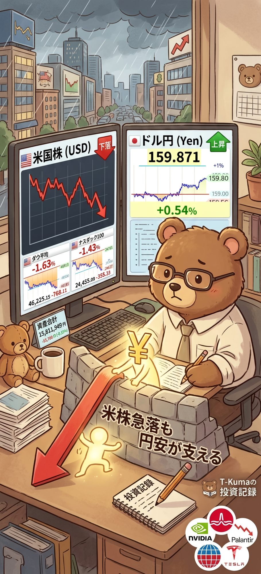 2026年3月19日朝の米国株投資成績：FOMC後 下落 円安 投資成績 ポートフォリオ（T-Kumaブログイメージ画像）