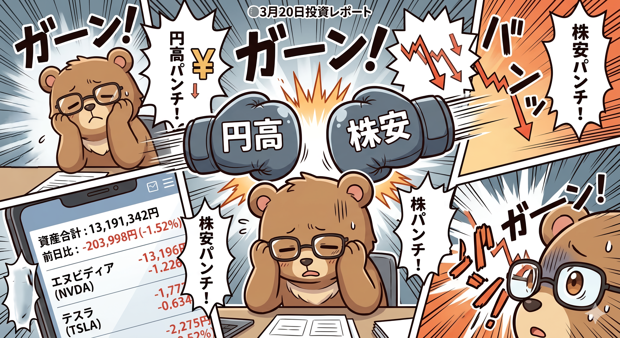 2026年3月20日米国株投資成績｜急な円高で資産20万円減、エヌビディア・テスラの動向（T-Kumaブログイメージ画像）