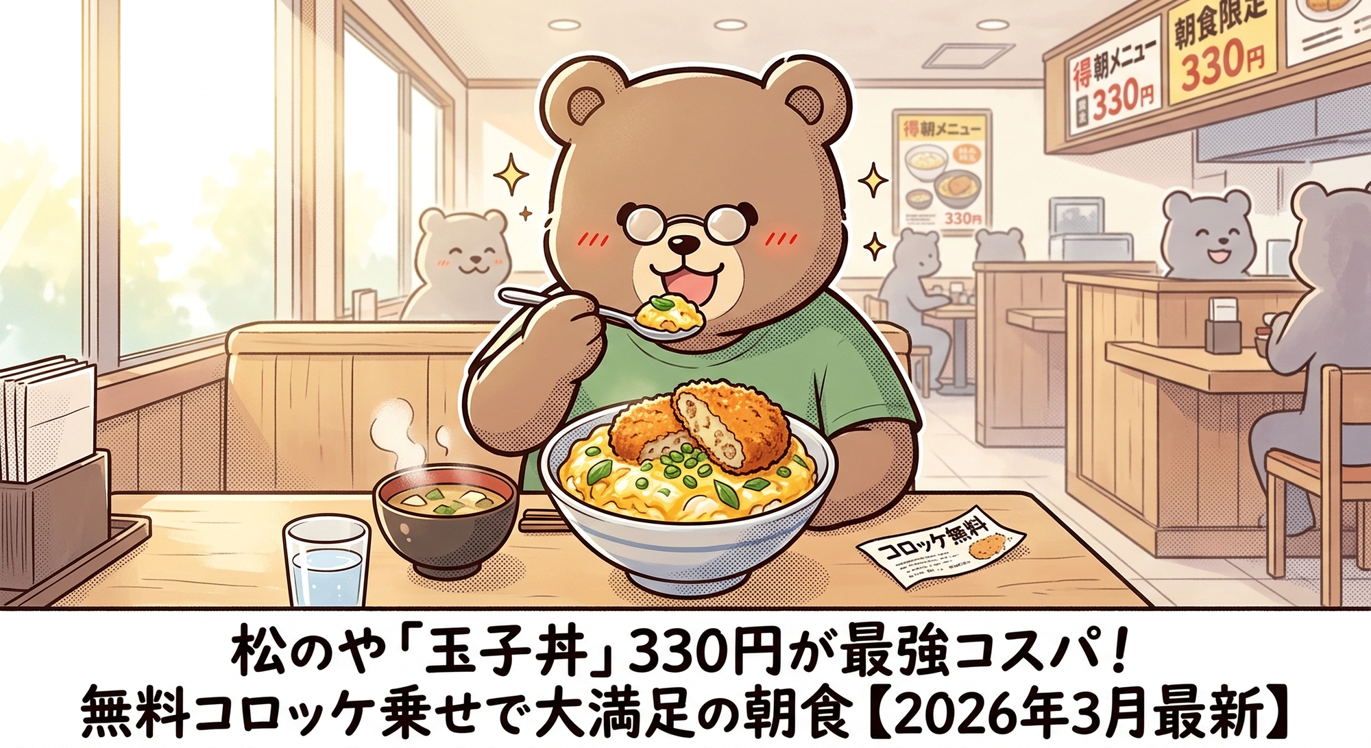 松のや玉子丼330円のコスパが最強すぎる｜無料コロッケで朝食大満足【2026年3月最新】T-Kumaブログイメージ画像