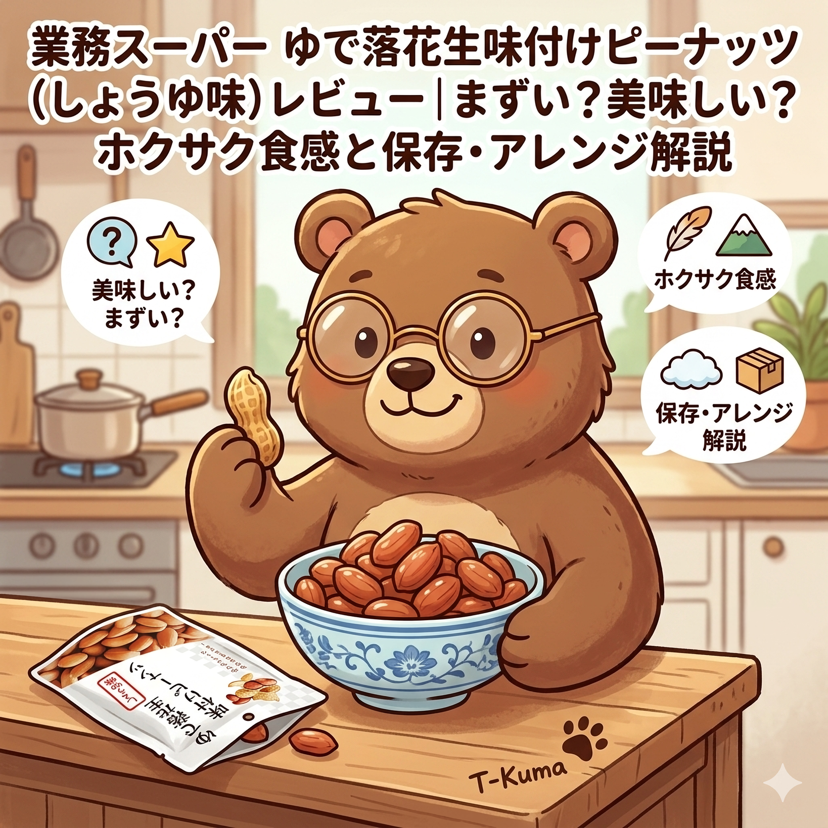 【業務スーパー】ゆで落花生味付けピーナッツ（しょうゆ味）レビュー｜まずい？美味しい？代用・保存・アレンジ解説（T-Kumaブログイメージ画像）