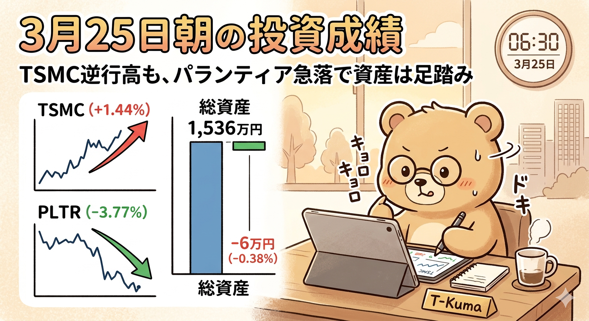 2026年3月25日 米国株投資成績｜半導体指数(SOX)上昇とパランティアの調整（T-Kumaブログイメージ画像）