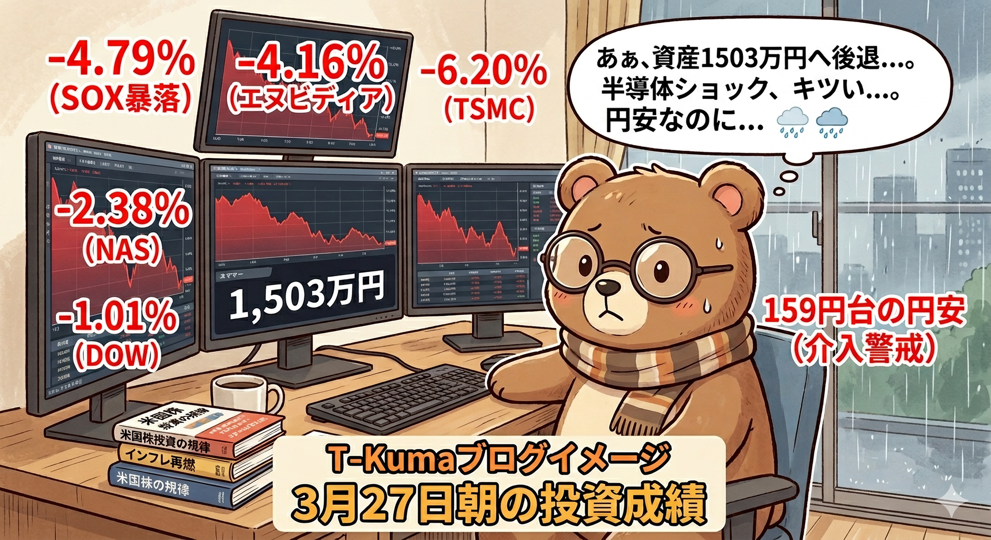 2026年3月27日米国株成績｜SOX指数4.7%暴落で資産-43万円、エヌビディア・TSMC直撃（T-Kumaブログイメージ画像）