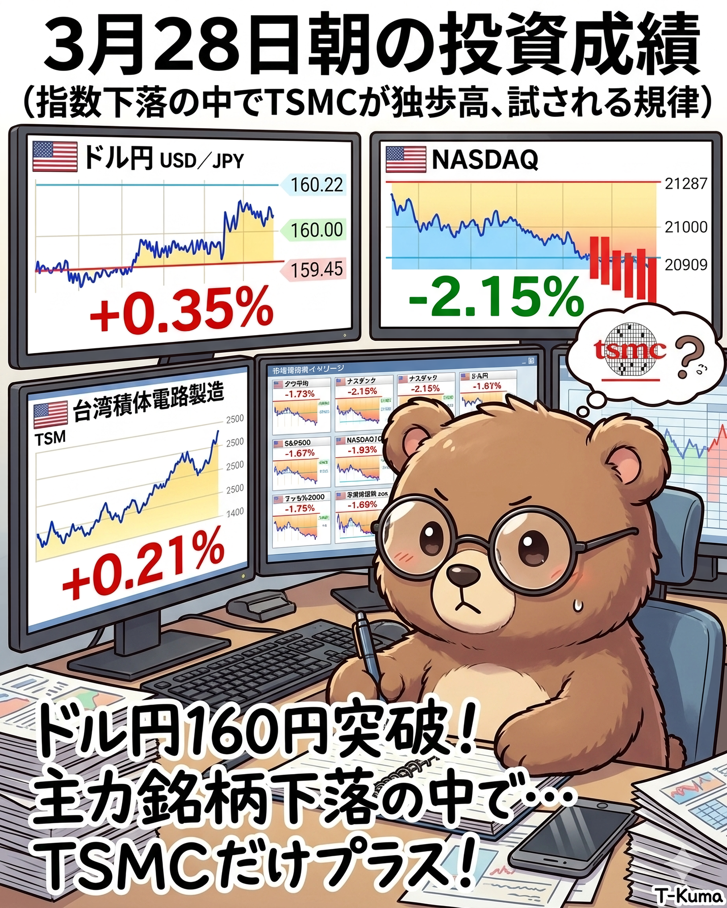 2026年3月28日米国株成績｜資産1481万円。SOX指数続落でエヌビディア軟調も、TSMCが唯一のプラス（T-Kumaブログイメージ画像）