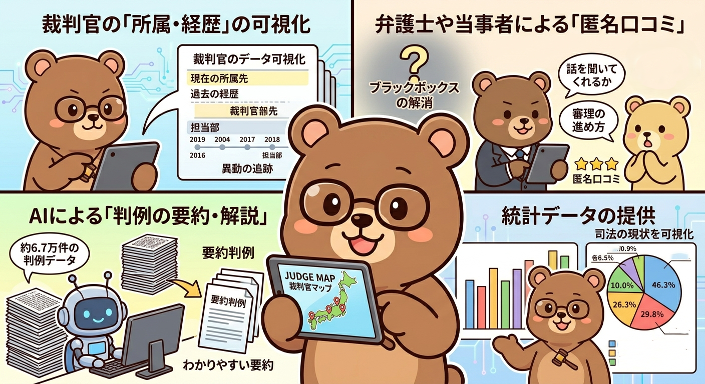 裁判官マップは「裁判官の情報を調べる」「判例を理解する」「口コミを確認する」の3点ができるサービス（イメージ画像）