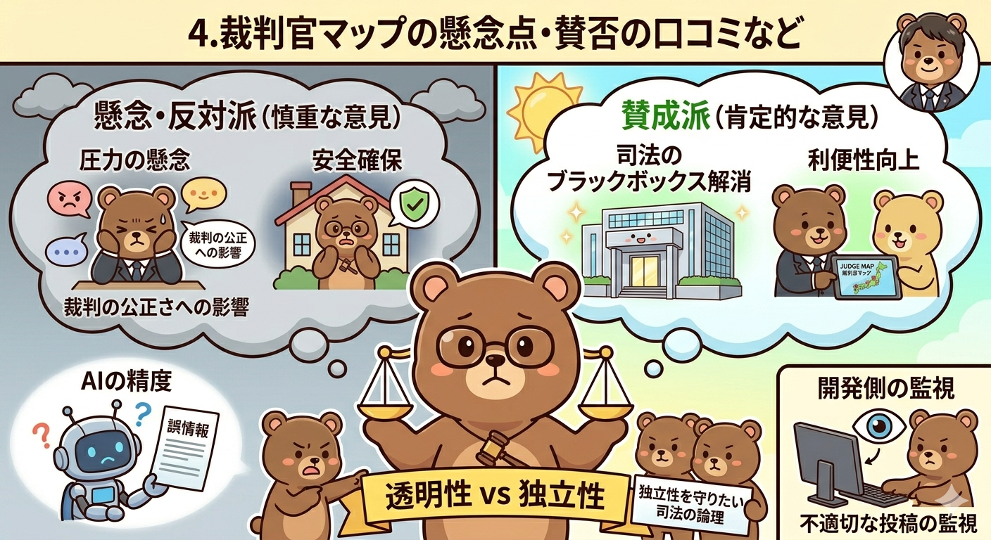 裁判官マップの懸念点・賛否の口コミなど   裁判官マップは利便性の高いサービスである一方、口コミ機能などについては賛否両論があり、利用する上での注意点も指摘イメージ画像