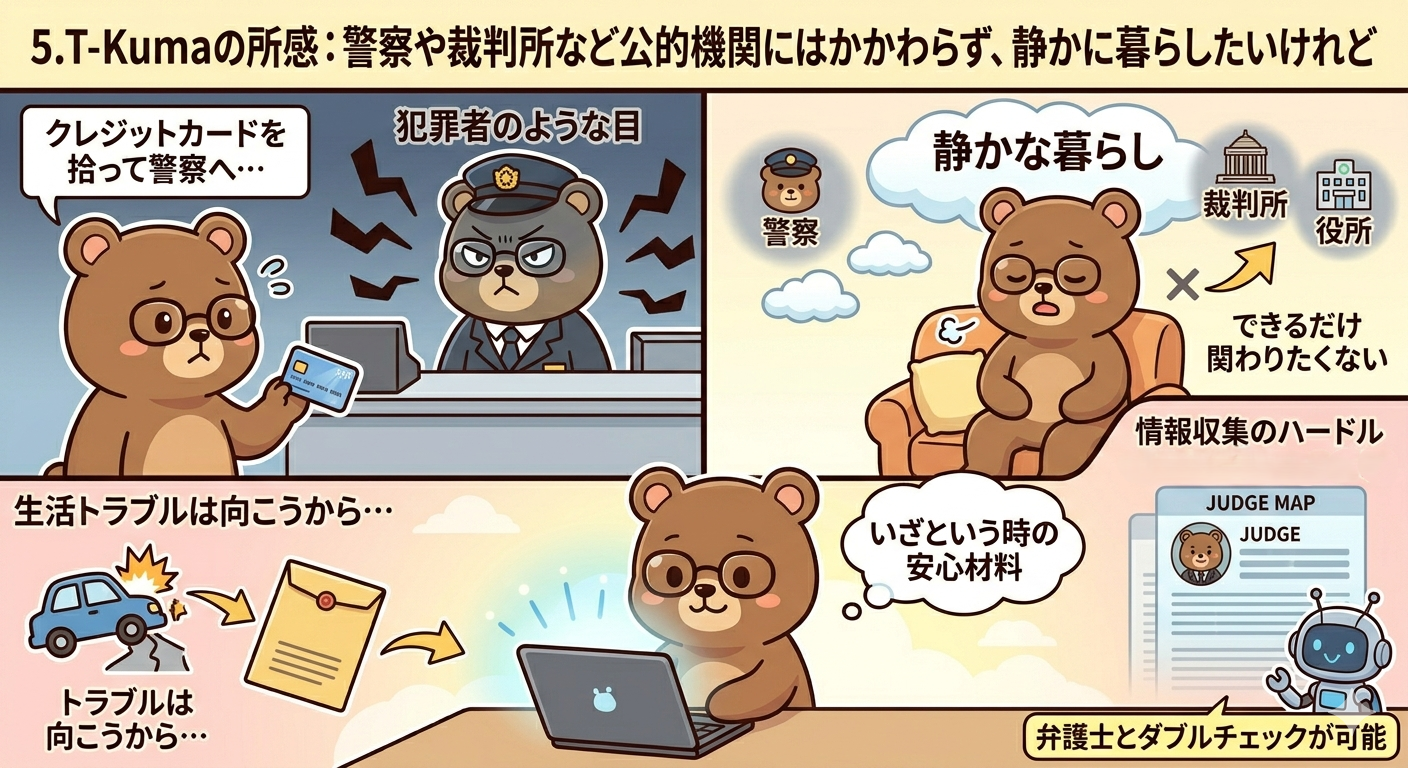 T-Kumaの所感：警察や裁判所など公的機関にはかかわらず、静かに暮らしたいけれど、私にとって裁判官マップは、いざ裁判に関わる際に非常に心強い情報源になると感じています。イメージ画像