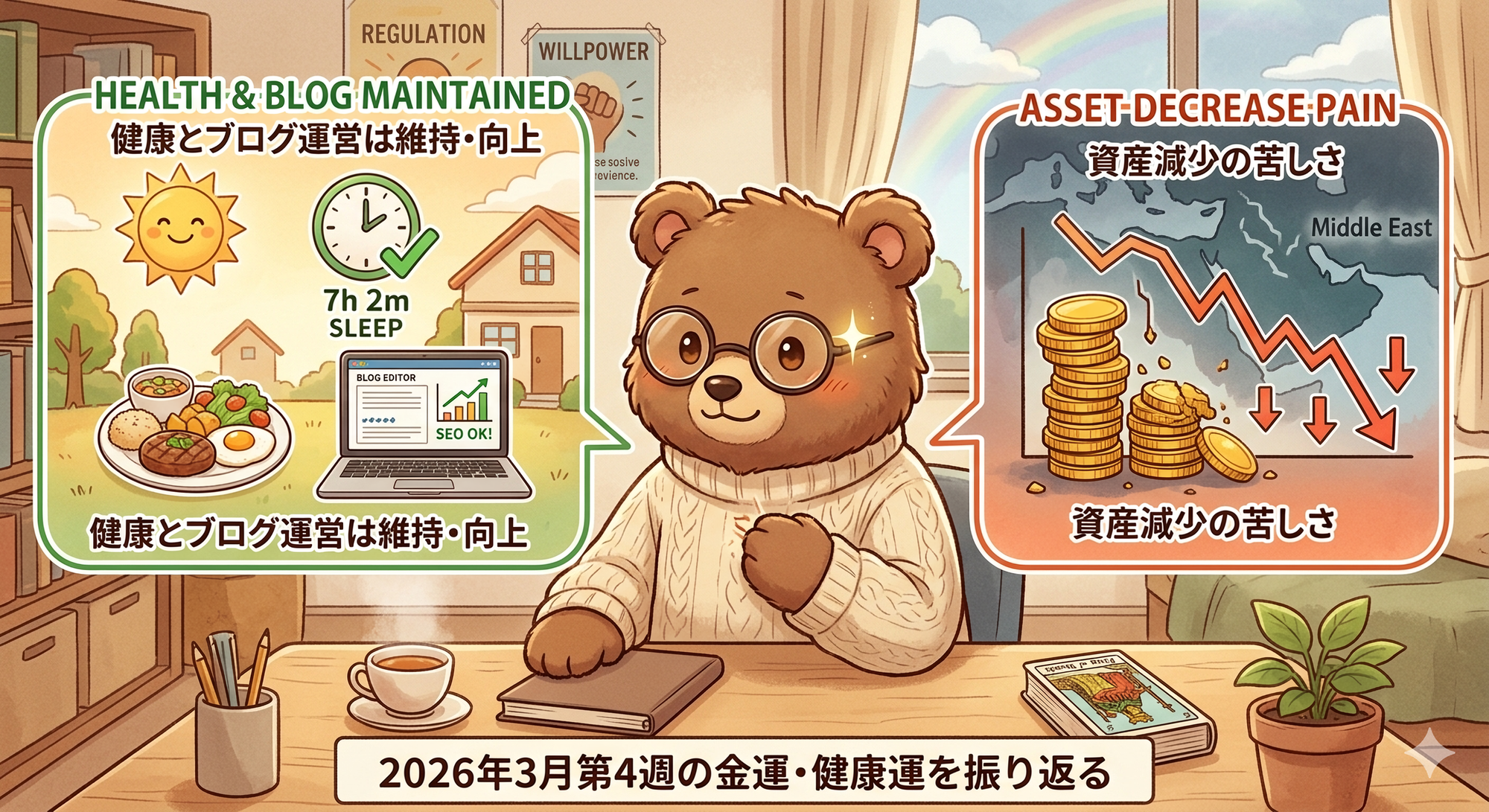 2026年3月第4週の運勢振り返り｜下落相場での健康管理とブログ運営の維持（T-Kumaブログイメージ画像）