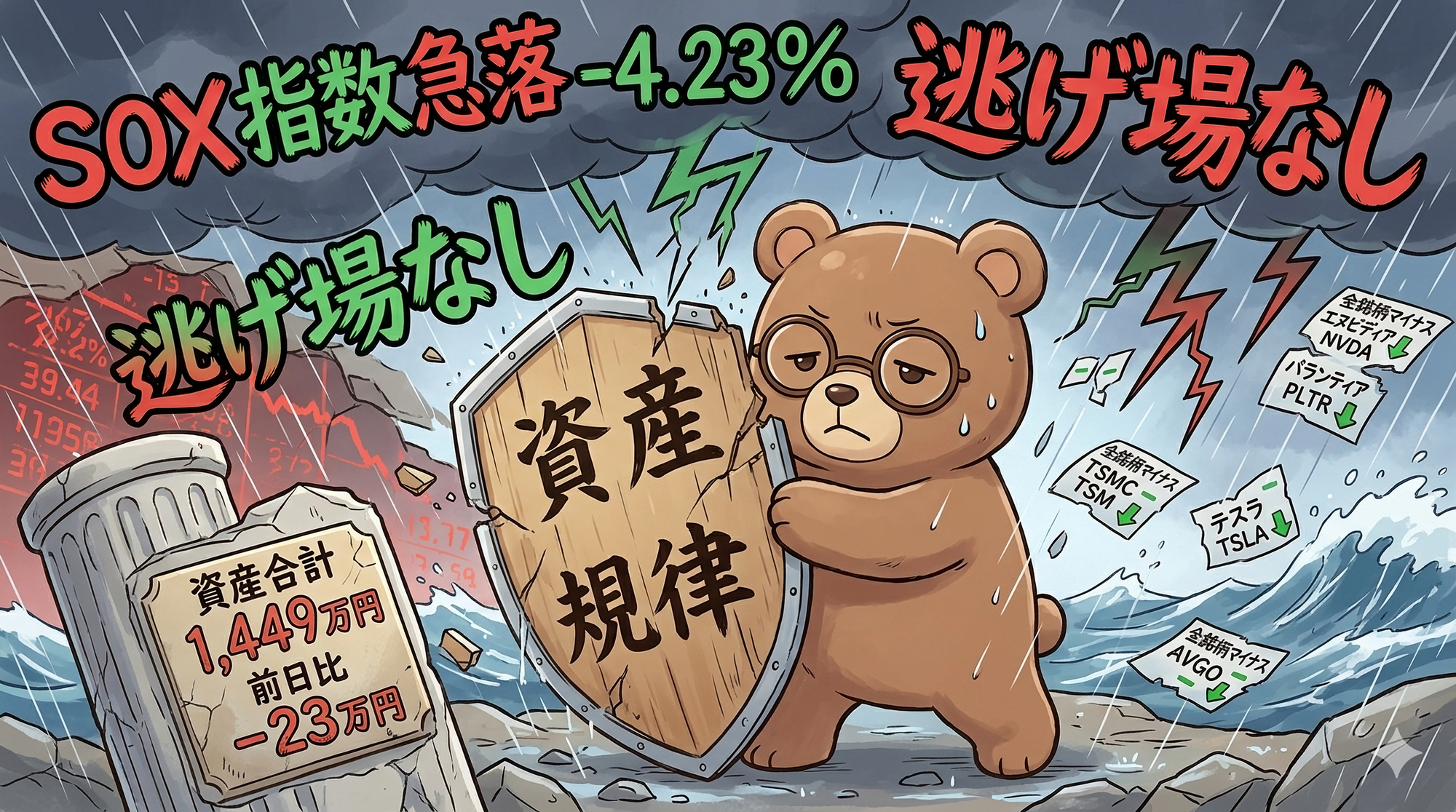 2026年3月31日米国株成績｜半導体指数(SOX)4.2%暴落でハイテク株直撃。エヌビディア他全保有銘柄マイナスの投資成績（T-Kumaブログイメージ画像）