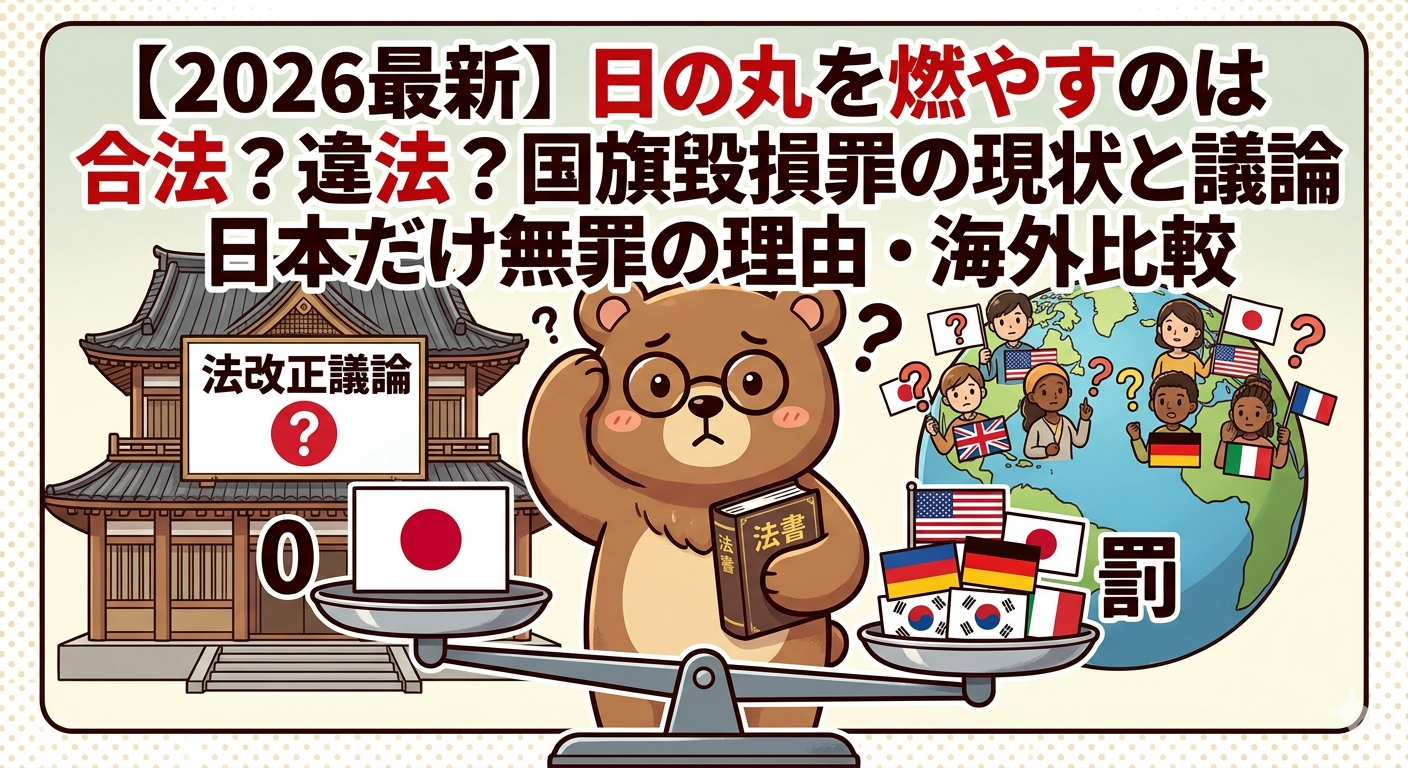 【2026年最新】日本国旗を燃やすのは合法？国旗毀損罪の議論と海外比較｜自民・維新新設動向T-Kumaブログイメージ画像