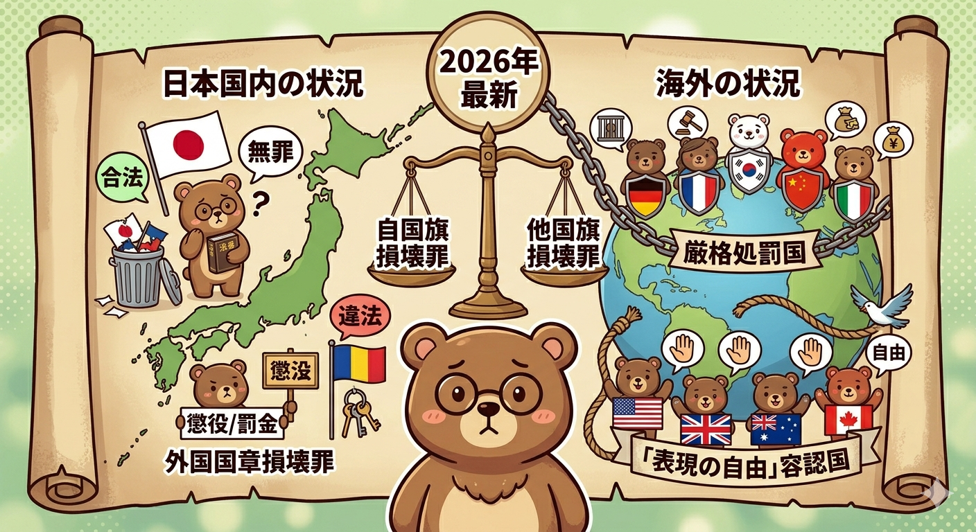 国旗損壊罪の現状：日本はなぜ無罪？海外との違法性比較（2026年最新）国別