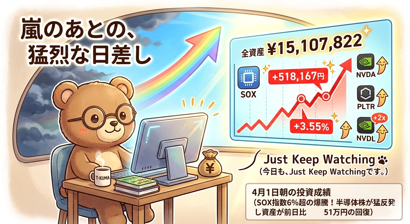 2026年4月1日米国株成績｜SOX指数6.24%爆騰で資産1,510万円回復！エヌビディア・PLTR猛反発