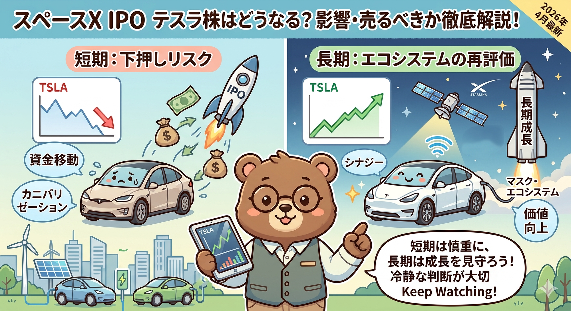 スペースX IPO 2026でテスラ株はどうなる？保有判断と投資戦略｜2026年4月最新分析（T-Kumaブログイメージ画像）