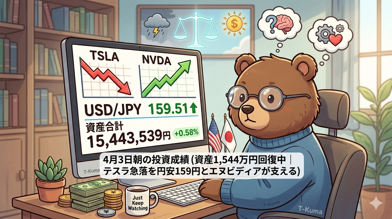 2026年4月3日米国株成績｜資産1,544万円回復！円安159円とNVDAがテスラ急落を補う（T-Kumaブログイメージ画像）
