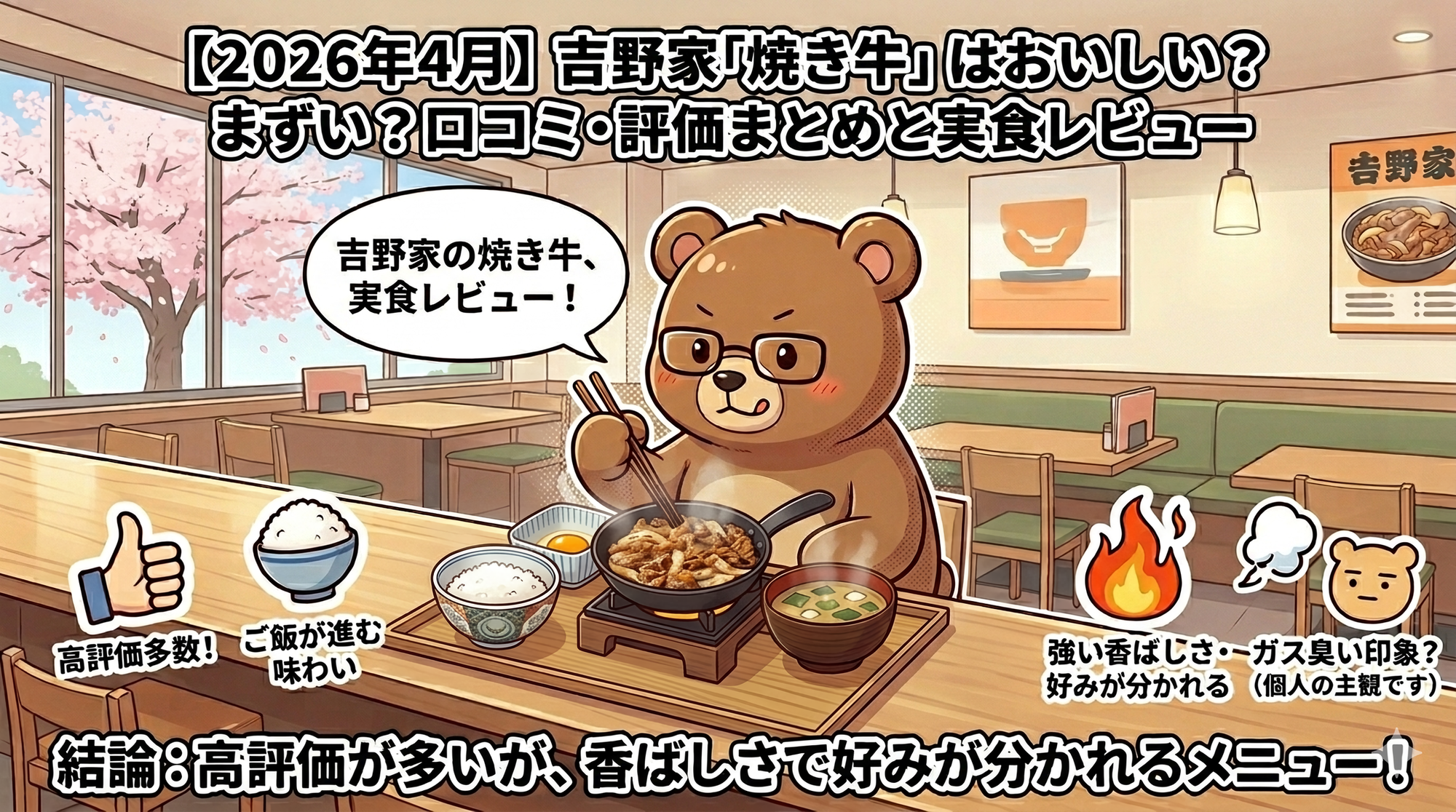 【2026年4月最新】吉野家「焼き牛」はおいしい？まずい？口コミ評価と実食レビュー（牛鉄板焼肉定食）T-Kumaブログイメージ画像