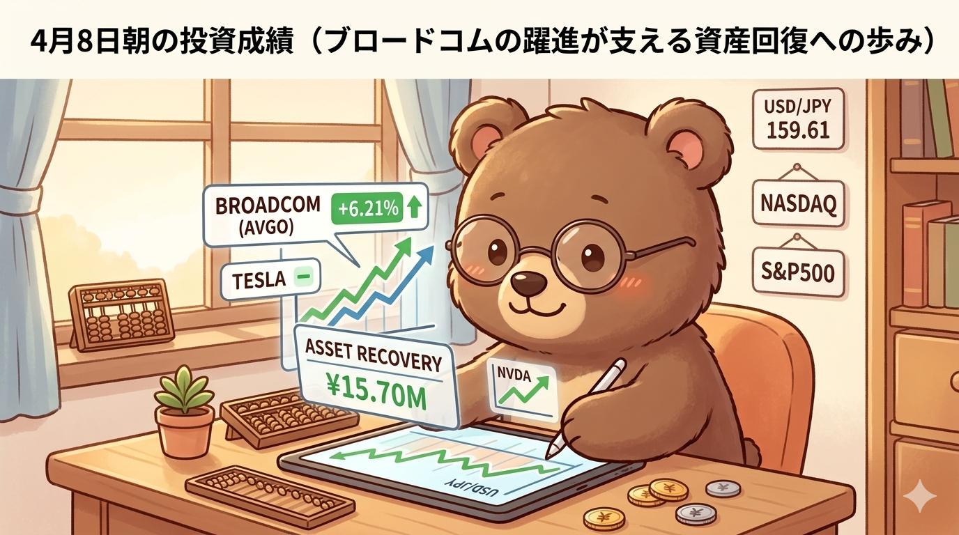 2026年4月8日米国株成績｜ブロードコム急騰がテスラの不調を補い、資産は1,570万円へ回復