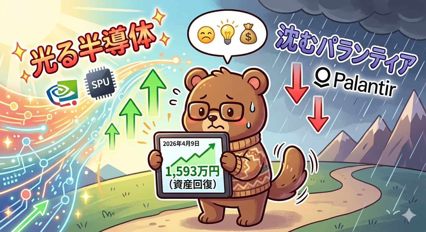 2026年4月9日米国株成績｜半導体指数6%超の爆騰で資産1,593万円へ回復（T-Kumaブログイメージ画像）