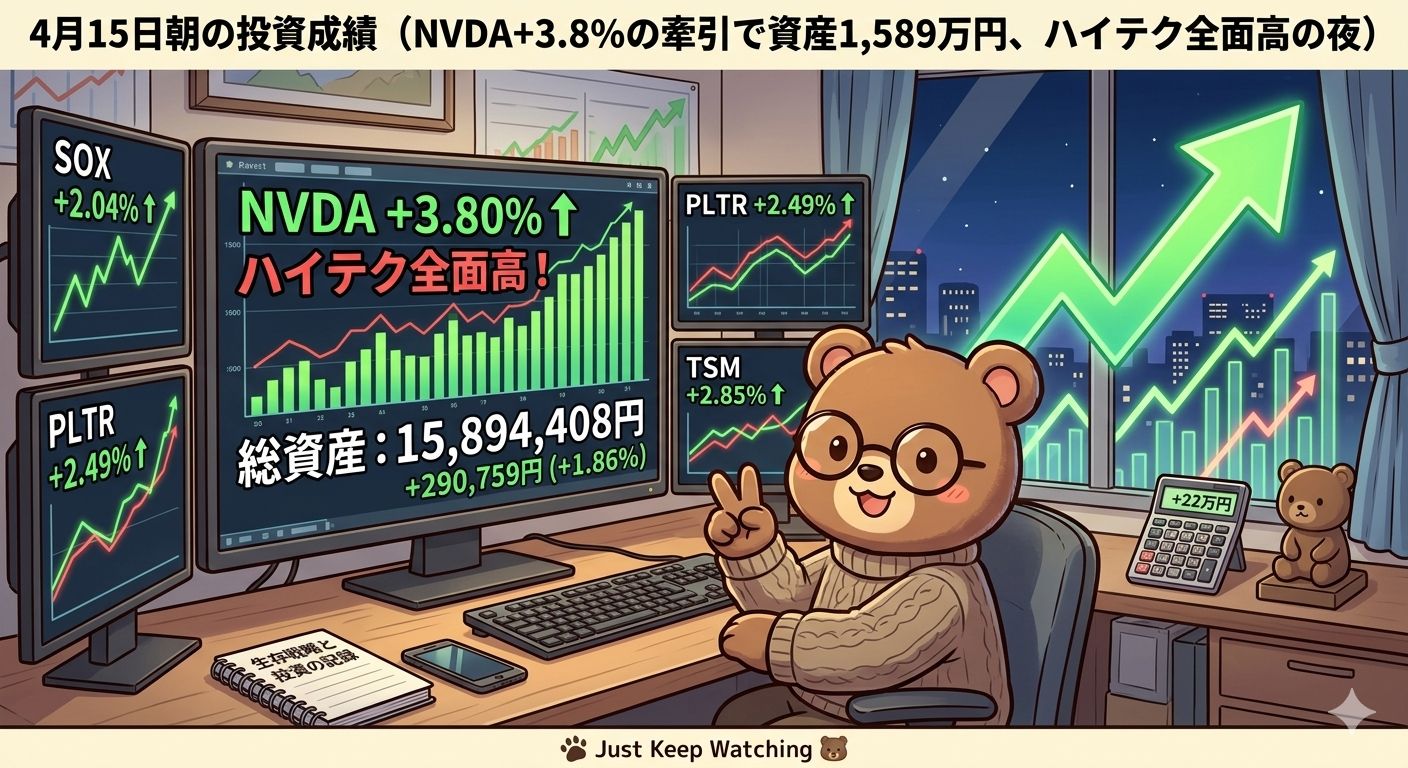 2026年4月15日米国株成績｜総資産1,589万円、NVDA・PLTRが牽引するAIラリー