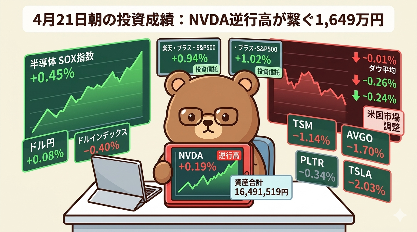 4月21日朝の投資成績（資産1,649万円の推移。エヌビディアは逆行高）