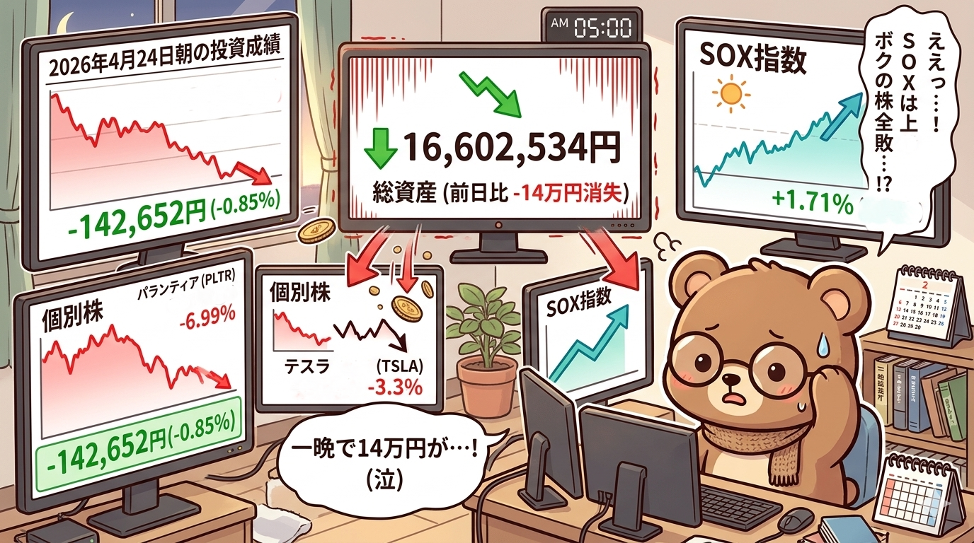 2026年4月24日米国株成績｜14万円減。SOX独歩高の裏で個別株全敗。指数下落の中で耐え忍ぶ運用記録