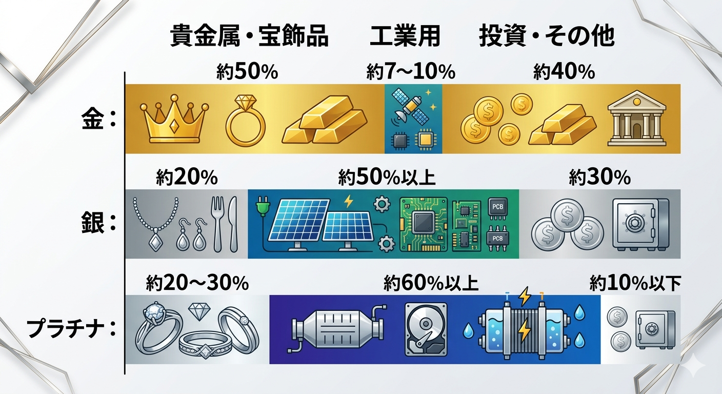 金・銀・プラチナ用途別比率イメージ図