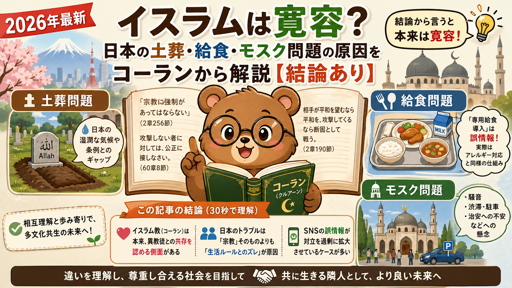 【2026年最新】イスラムは寛容？日本の土葬・給食・モスク問題の原因をコーランから解説【結論あり】