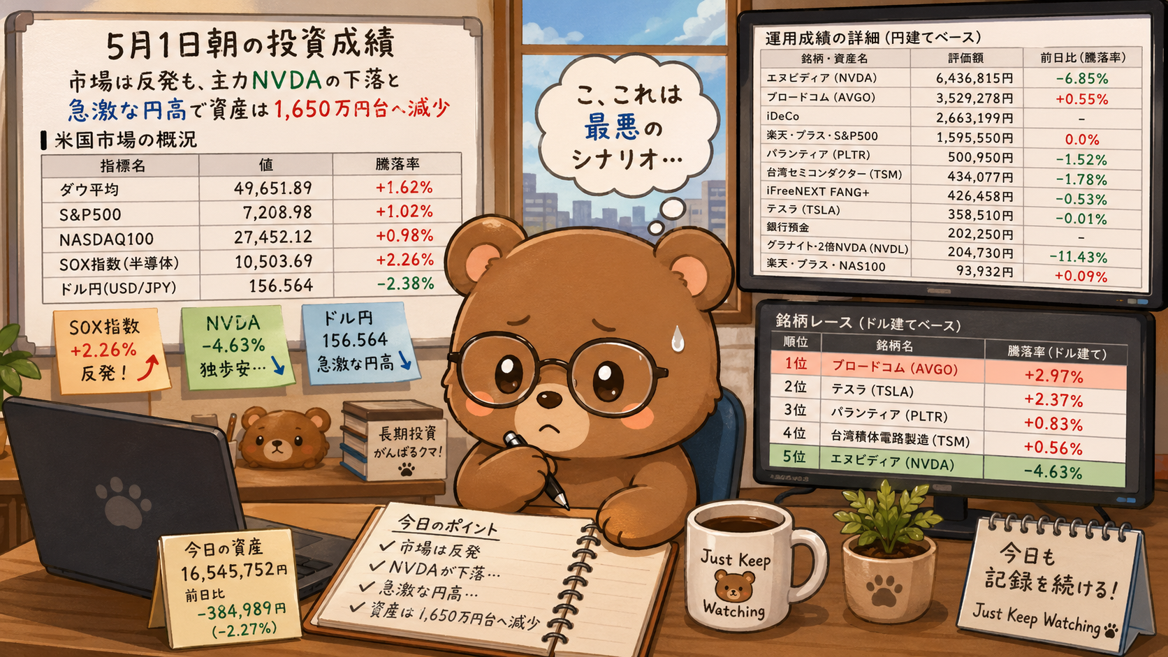 2026年5月1日米国株成績｜指数反発も急激な円高とNVDA安で資産1,650万円台へ