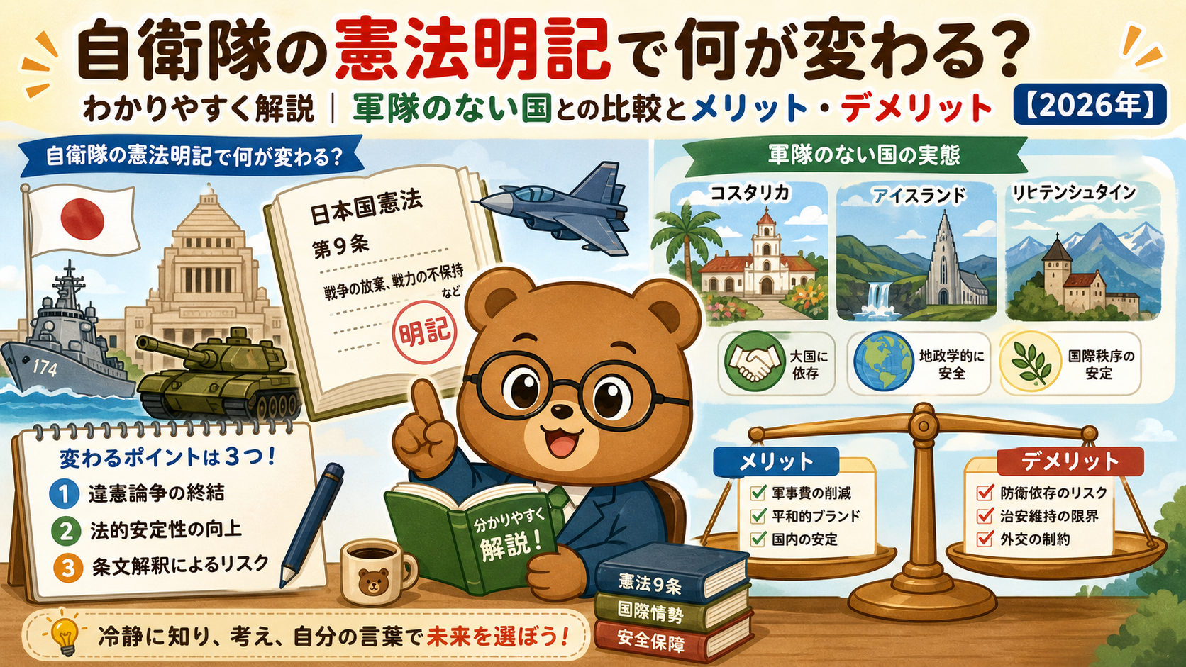 自衛隊の憲法明記でどうなる？賛否の理由と軍隊のない国をわかりやすく解説【2026年】