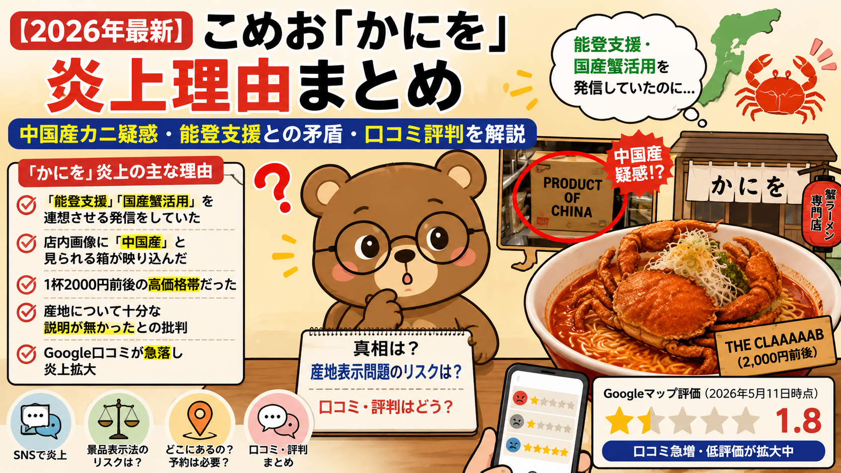 こめお「かにを」炎上の理由｜中国産カニ使用と能登支援の矛盾【2026年5月】