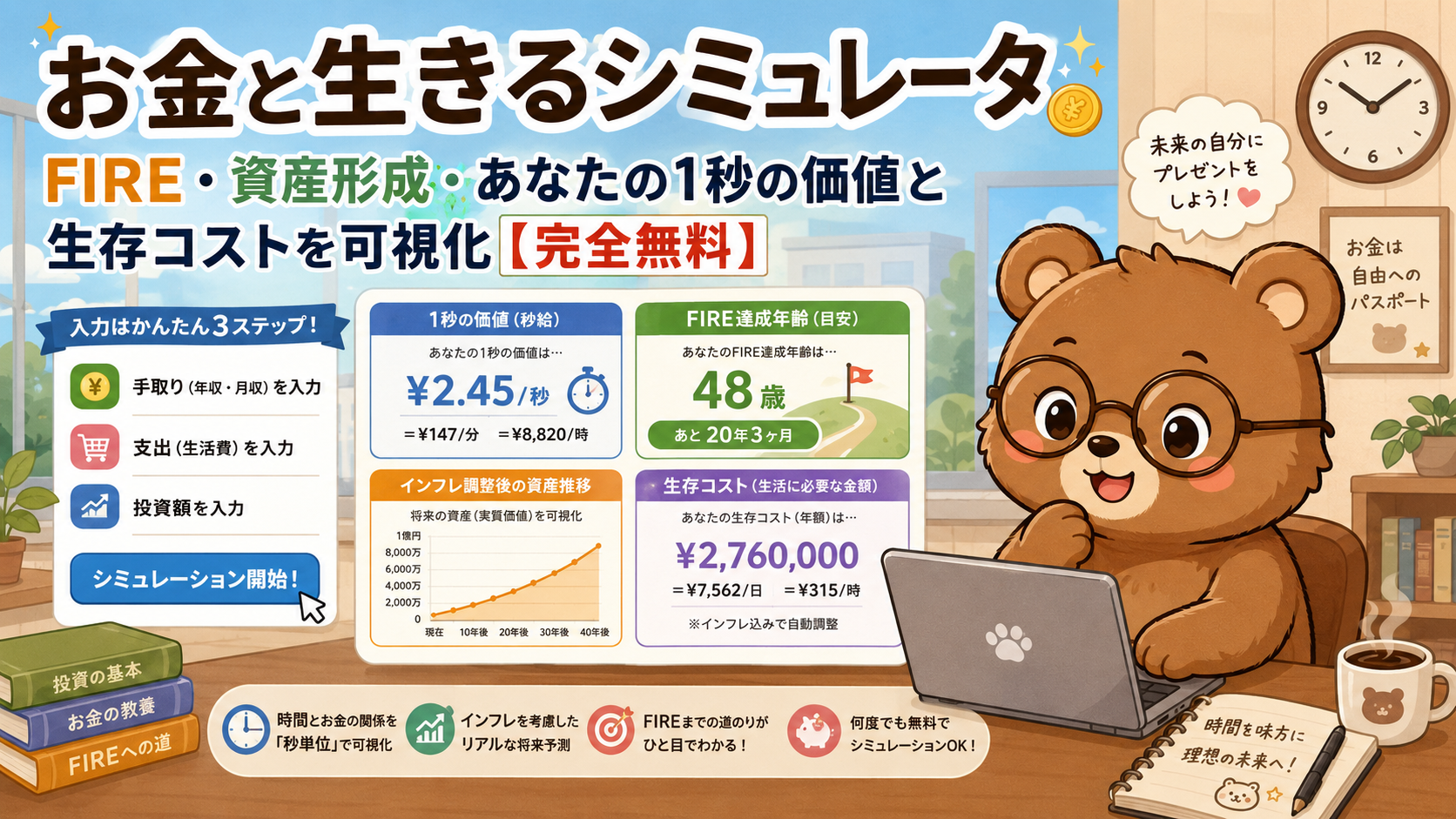 あなたの1秒の価値を計算|無料FIRE・資産推移シミュレータ【秒給・生存コスト可視化】お金と生きるシミュレータ