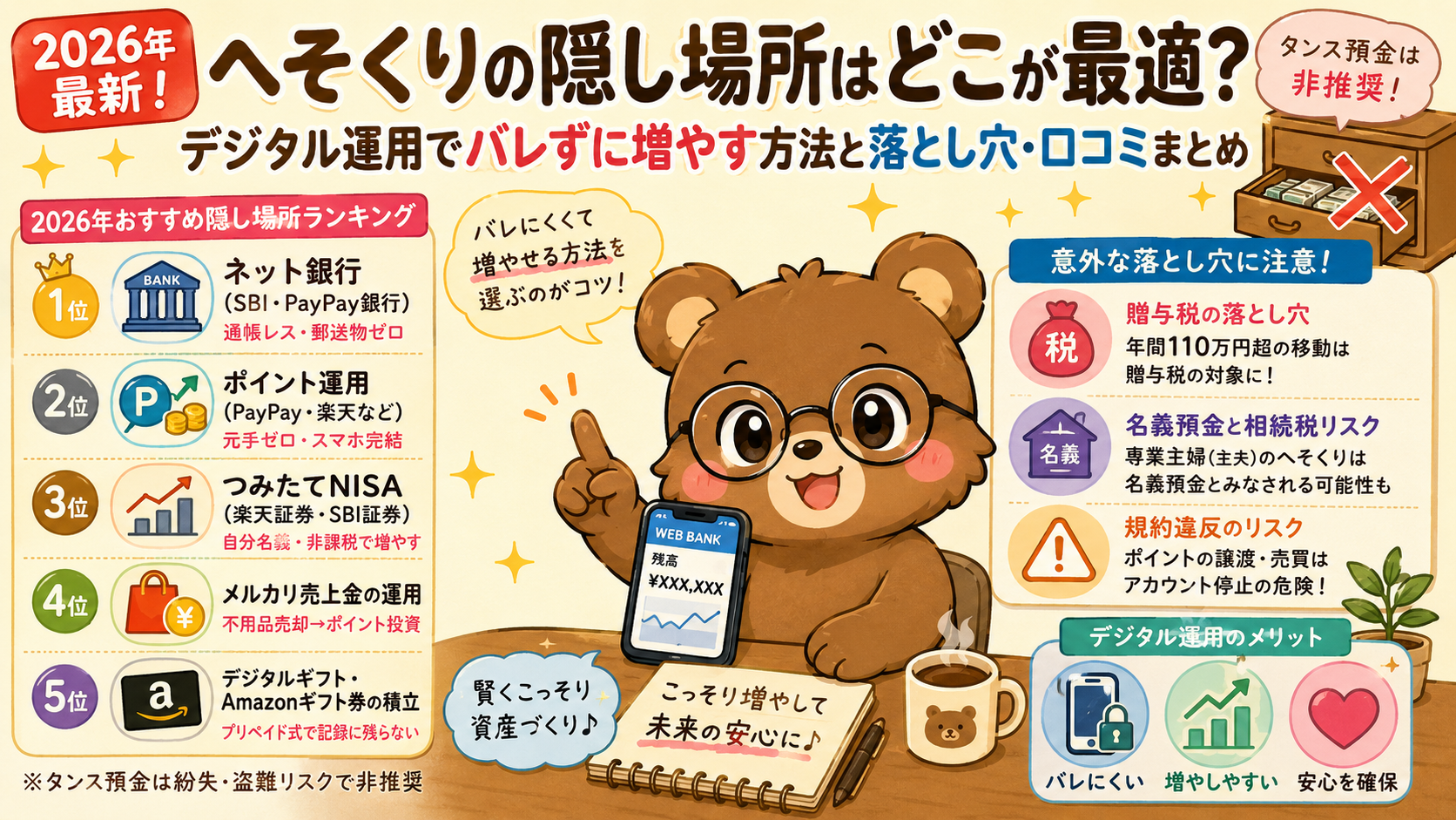 【2026年最新】へそくりの隠し場所はどこがいい？ネット銀行・ポイント投資でバレずに増やす方法と注意点まとめ