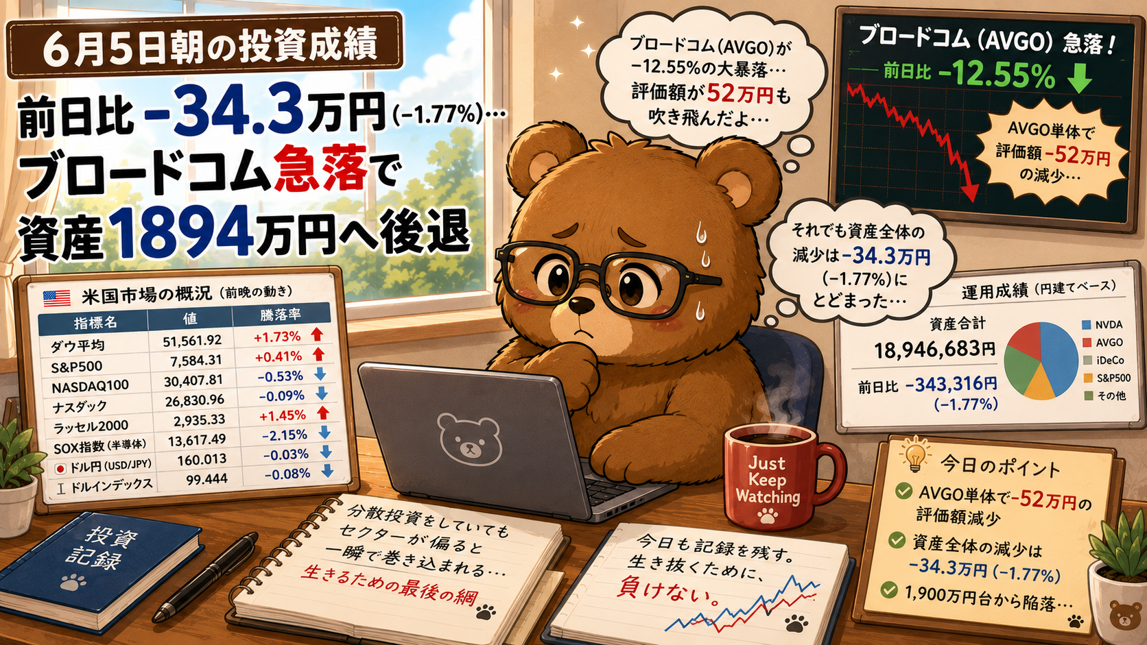2026年6月5日米国株成績｜前日比-34.3万円&hellip;ブロードコム急落で資産1894万円へ後退
