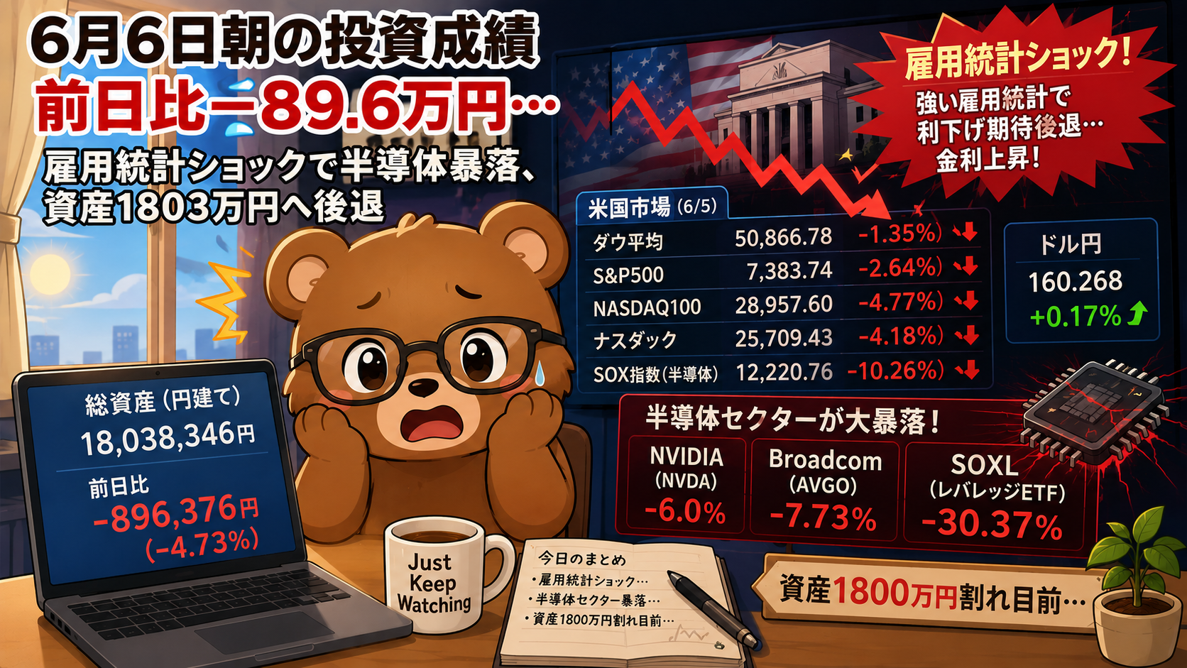 2026年6月6日米国株成績｜前日比-89.6万円&hellip;半導体株の大暴落で資産1803万円へ後退