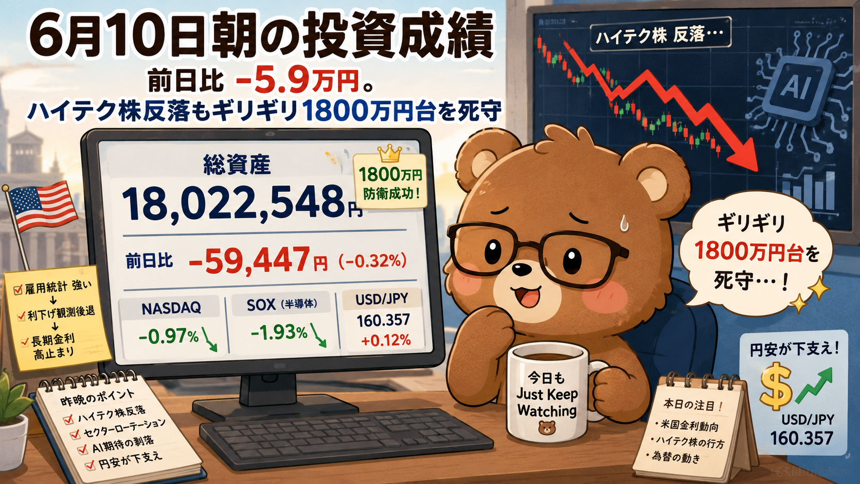 2026年6月10日米国株成績｜前日比-5.9万円。ハイテク株反落もギリギリ1800万円台を死守